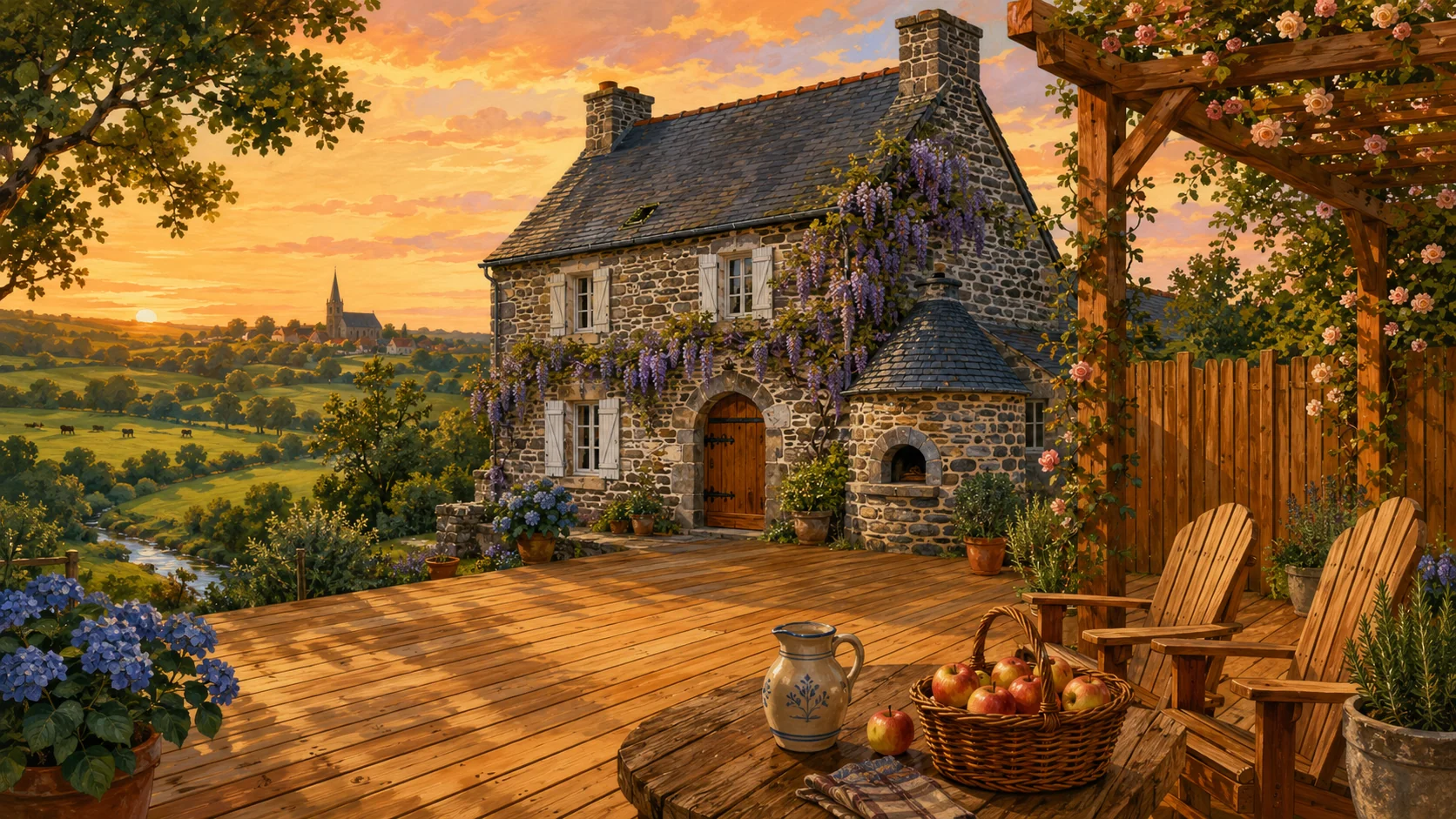 Illustration paysagère du dépôt avec terrasse en bois et clôture